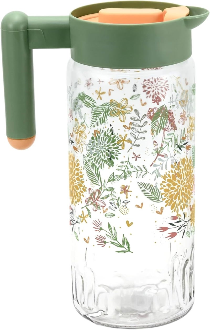 Herevin 1.46 Litre Premium Glass Water Jug with PP Green Lid - Botanica Printed Transparent Jug for Juice, Water & Beverages – BPA-Free, Durable, Elegant Tableware for Home, Kitchen & Parties - Image 1