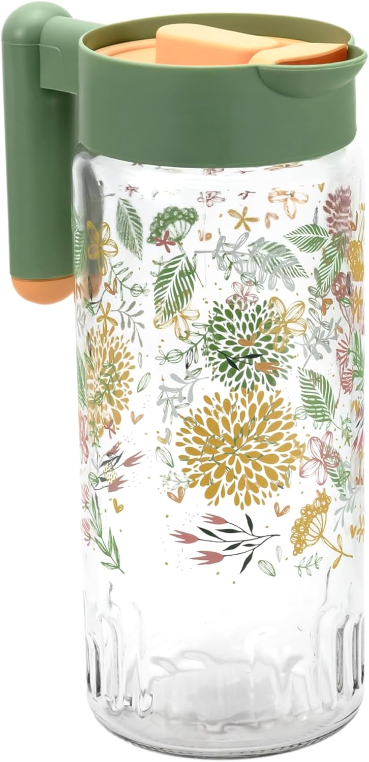 Herevin 1.46 Litre Premium Glass Water Jug with PP Green Lid - Botanica Printed Transparent Jug for Juice, Water & Beverages – BPA-Free, Durable, Elegant Tableware for Home, Kitchen & Parties - Image 2