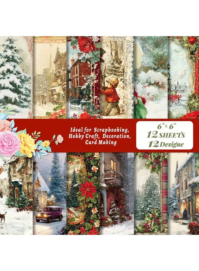 ورق سجل القصاصات الشتوي الفيكتوري 12 ورقة مشاهد ثلجية عتيقة لحرف عيد الميلاد أنماط عطلات باللون الأحمر والأخضر T01042788 - Image 2