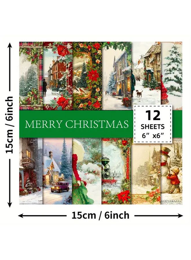 ورق سجل القصاصات الشتوي الفيكتوري 12 ورقة مشاهد ثلجية عتيقة لحرف عيد الميلاد أنماط عطلات باللون الأحمر والأخضر T01042788 - Image 4