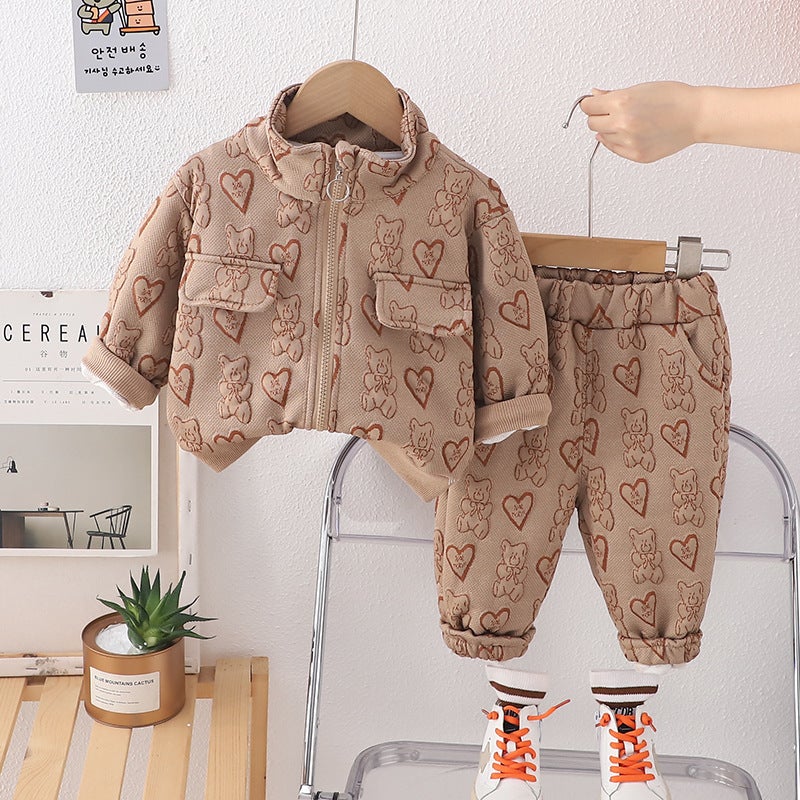 2025 spring new boys and girls jacquard stand collar zipper shirt long sleeve suit baby casual trousers two-piece set Coffee color