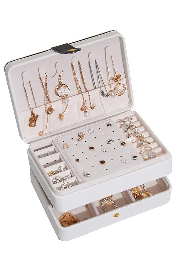 IAF Box Organizer for Women Girls,Travel Jewelry Box,2-Layers Portable Travel Jewelry Storage Case for Stud Earrings, Rings, Necklaces, Bracelets,Vintage Gift (White) - Image 2