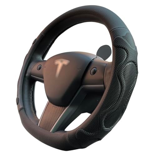 PINCTROT Comfy Grip Steering Wheel Cover for Tesla Model Y/3 2016-2025 2026 Highland/Juniper, D Shaped 14 Inch Small Sized, Flat Bottom with 3D Honeycomb Anti-Slip Design (Comfy Grip Black) - Image 1