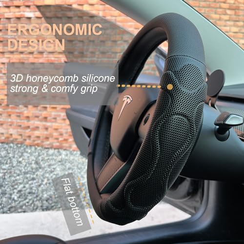PINCTROT Comfy Grip Steering Wheel Cover for Tesla Model Y/3 2016-2025 2026 Highland/Juniper, D Shaped 14 Inch Small Sized, Flat Bottom with 3D Honeycomb Anti-Slip Design (Comfy Grip Black) - Image 2
