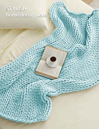 YnM Chunky Throw Blanket MediumWeight Hand Knitted Skin Friendly Ventilated and Breathable Machine Washable Home Dcor Piece for Couch Sofa and Bed Aqua Blue 40x50 Inch - Image 3