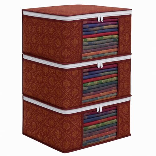 LAXIS® Foldable Royal Print Saree Cover Set, Saree Bags, Saree Covers For Storage, Wardrobe Organiser | (Golden-Mahroon, Pack of 3) - Image 1
