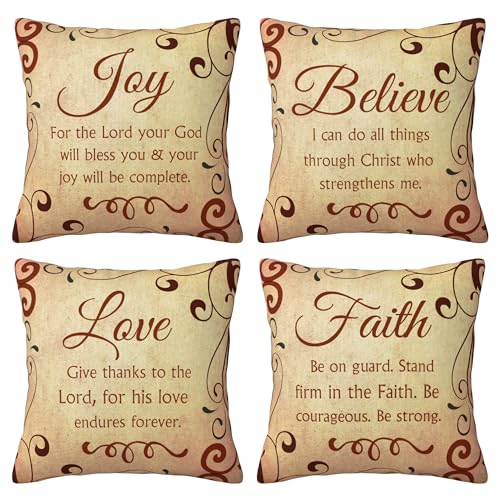 NIDITW Set of 4 Gift Scripture Sayings Joy Love Faith Believe I Can Do All Things Through Christmas Who Strengthen Me Vintage Body Burlap Throw Pillow Case Cover Sofa Decorative Square 18 Inches