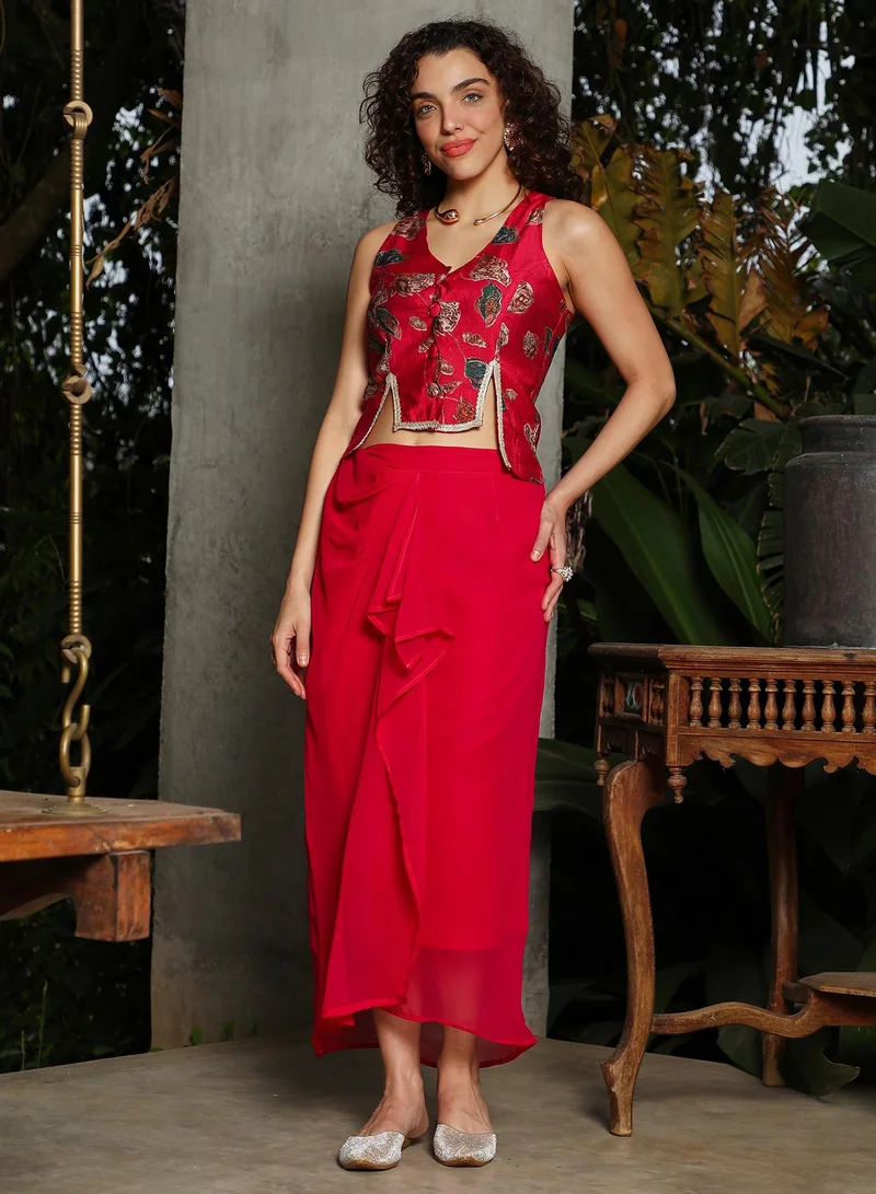  قصة Women's Crimson Red Ethereal Blossom Co-Ord Set