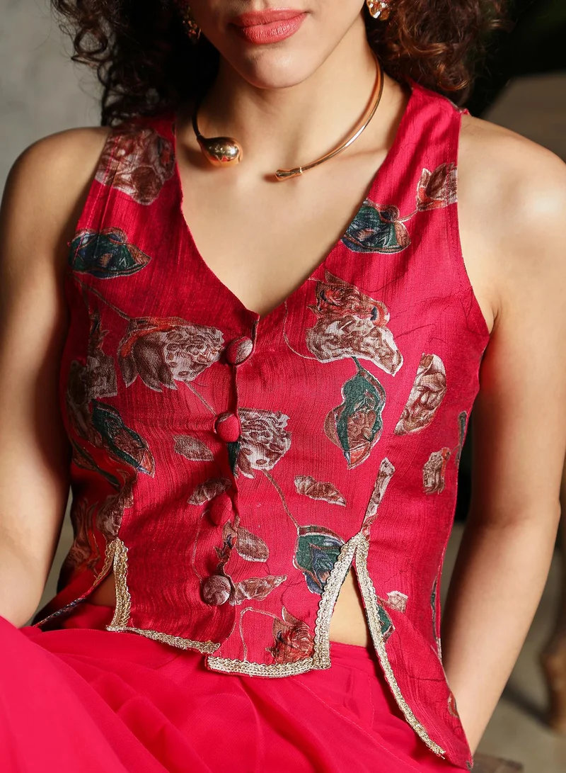  قصة Women's Crimson Red Ethereal Blossom Co-Ord Set