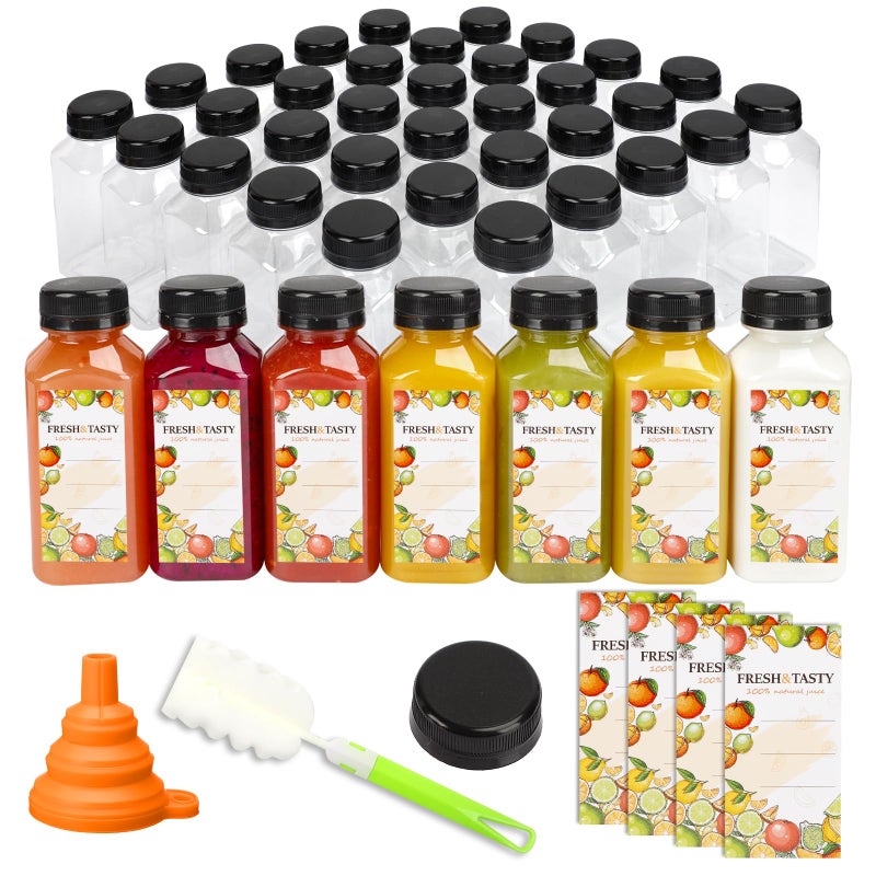 TOMNK 48pcs 8oz Plastic Juice Bottles with Black Caps Empty Reusable Clear Bottles with Label Funnel and Brush Beverage Containers Bulk with Lids for Juicing Smoothies Fridge