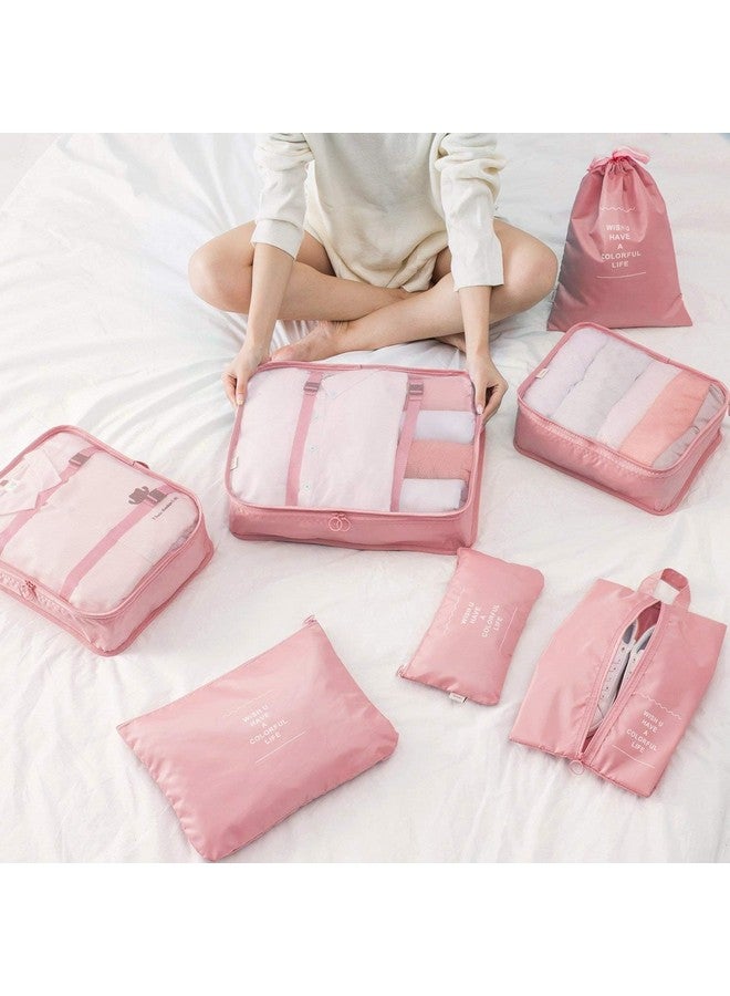Nilzone Travel Organizer 7 in 1 Travel Laundry Cosmetics Luggage Packing Organizers Set Makeup Bags Organizer Packing Cubes with Shoe Bag for travel, Nylon (Pink) - Image 2
