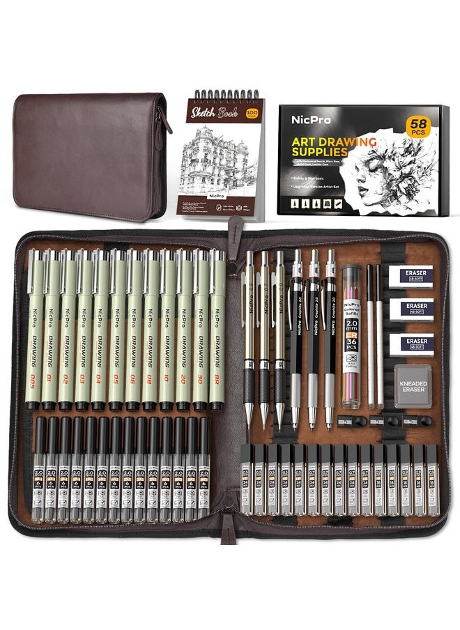 Nicpro 58 Pcs Art Drawing Supplies Kit In Leather Case, Art Mechanical Pencil Set With 6 Metal Drafting Pencil 0.5 & 0.7 & 0.9 & 2Mm, 12 Micron Pen, Sketch Book, 30 Tube Lead Refills For Sketching  - Image 1