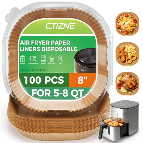 ctizne Air Fryer Liners Disposable, 100 PCS Non-Stick Air Fryer Paper Liners, Waterproof and Oilproof for Easy Cleanup, 8" Square Unbleached Parchment Paper for 5-8 QT Air Fryer, Baking, Microwave, Oven - Image 1