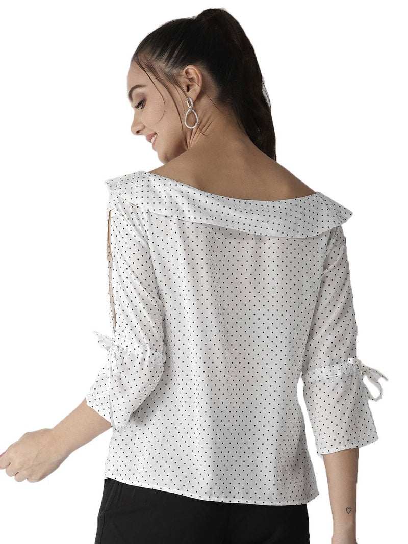 Style Quotient Women White and Black Polka Printed polycrepe Smart Casual top - Image 2