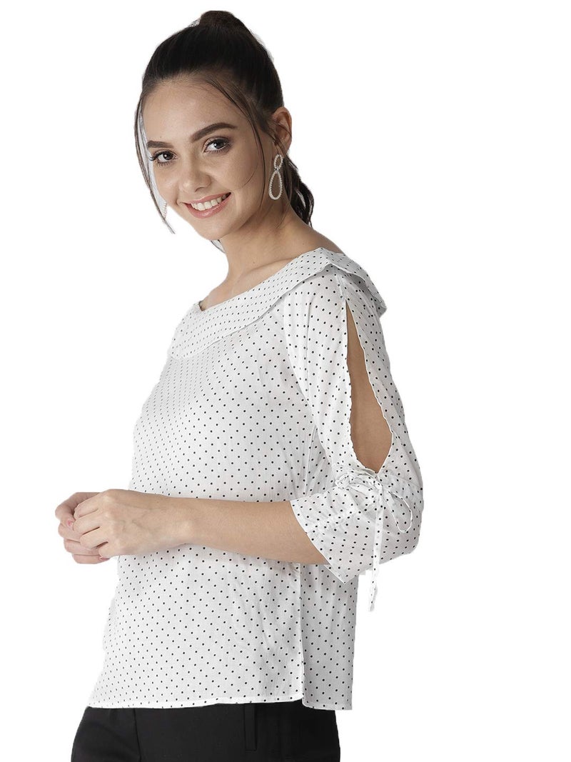 Style Quotient Women White and Black Polka Printed polycrepe Smart Casual top - Image 3