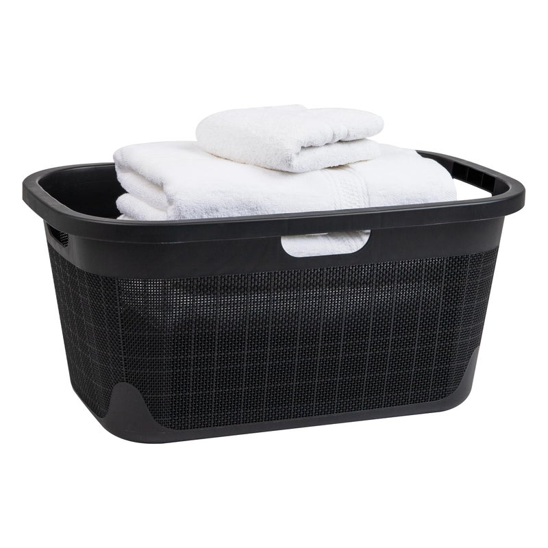 Mind Reader 40L Laundry Basket, Linen Design Clothes Hamper, Plastic Storage Bin with Handles, Black - Image 1