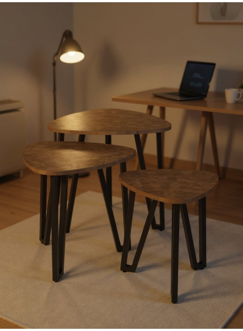 Living Set of 3 brown wood triangle coffee tables with black steel legs - Image 2