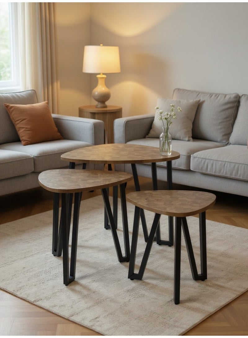 Living Set of 3 brown wood triangle coffee tables with black steel legs - Image 1