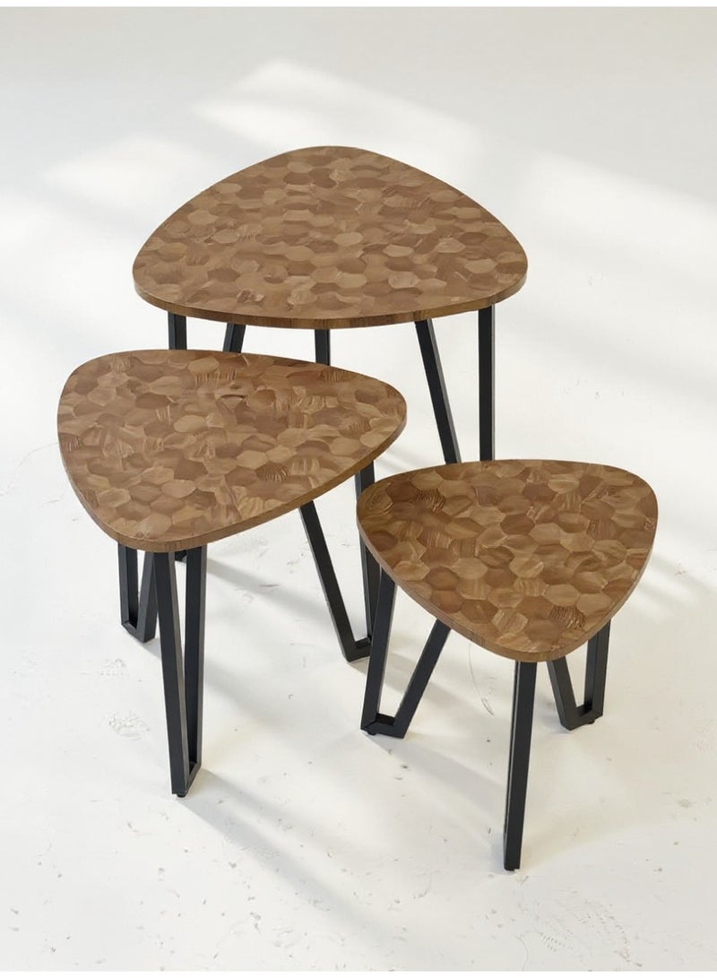 Living Set of 3 brown wood triangle coffee tables with black steel legs - Image 3