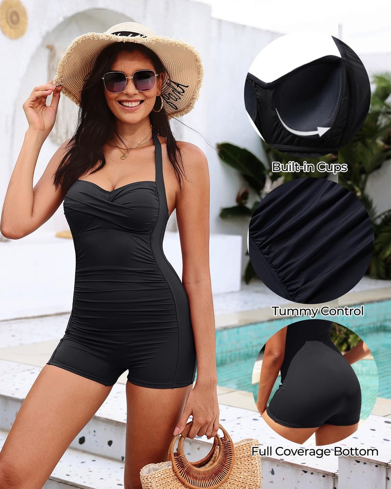 Tempt Me مايوه نسائي أسود بتصميم تحكم في البطن مع شورتات بوي ليغ - بدلة سباحة عتيقة بحمالة عنق M - Image 3