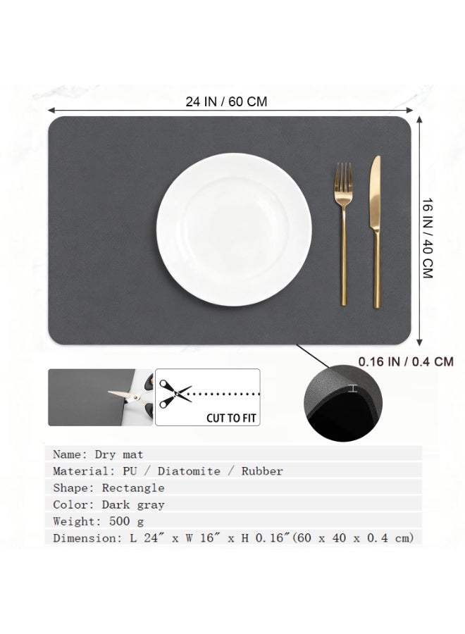 Dish Drying Diatomaceous Earth Coffee Mat, Counter Top Bar Pad, Super Absorbent Drainer, Large Stone Board, Fast Dry for Kitchen Sink, Bathroom- 60*40cm, Dark Grey - Image 2