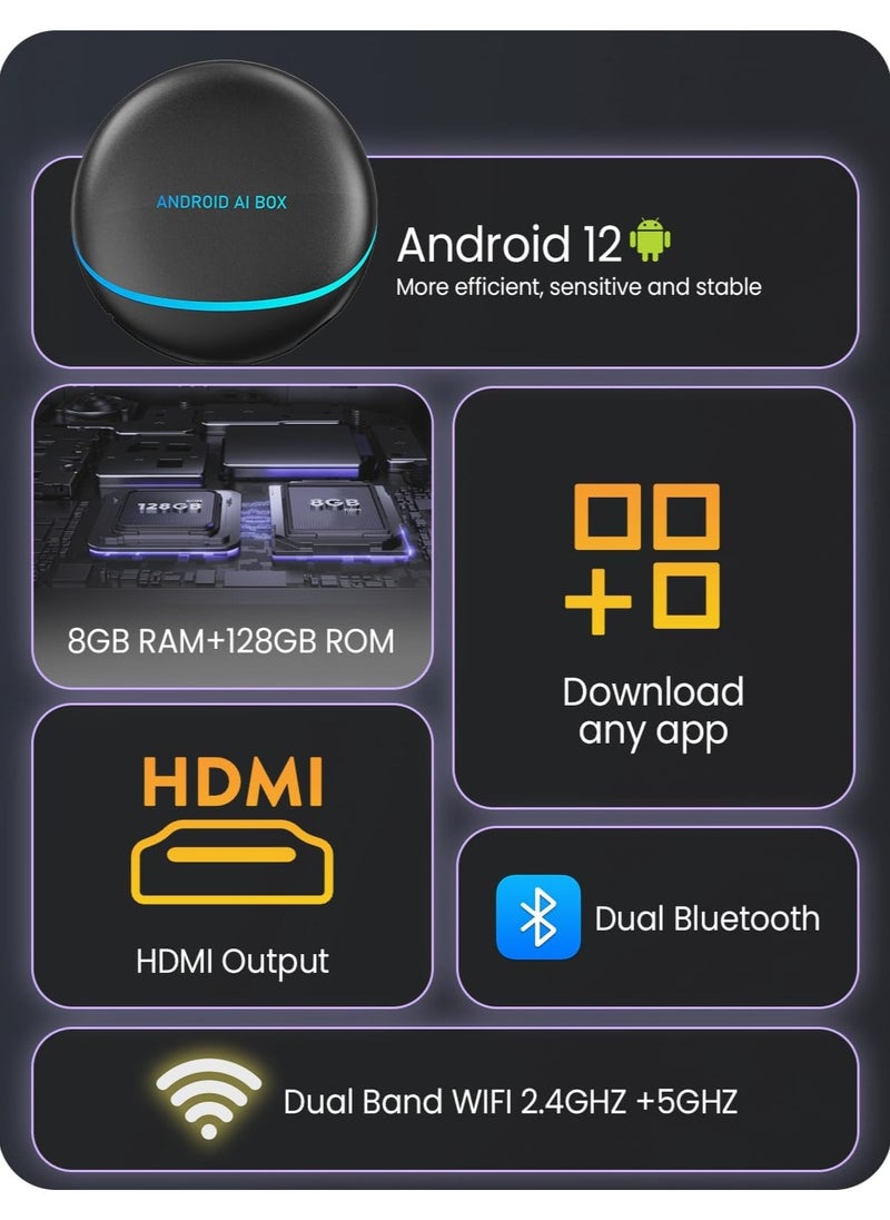 Vierex - AI Box Carplay Box Streaming Device For Car 8+128GB Ai Magic Carplay Box with Split Screen & Integrated Navigation, Android 12, HDMI Output, Compatible with YouTube/Netflix/TIKTOK for Wired CarPlay Car - Image 1