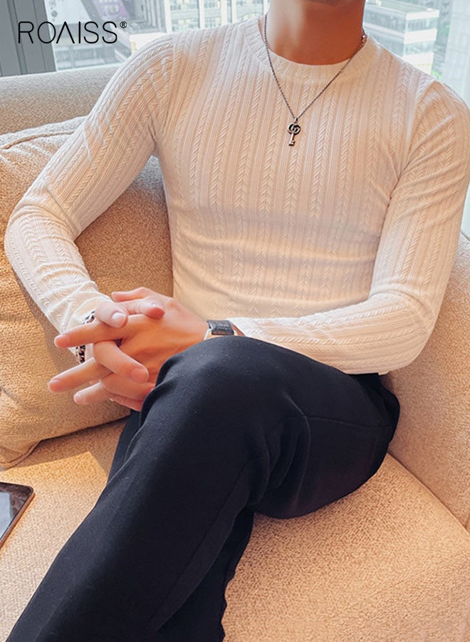 رويس تي شيرت رجالي ضيق بأكمام طويلة وتصميم كلاسيكي برقبة دائرية مع قماش مطاطي، مناسب للارتداء غير الرسمي في الخريف والشتاء، ومناسب للتنقل في المكتب، ومريح للارتداء طوال اليوم - Image 3