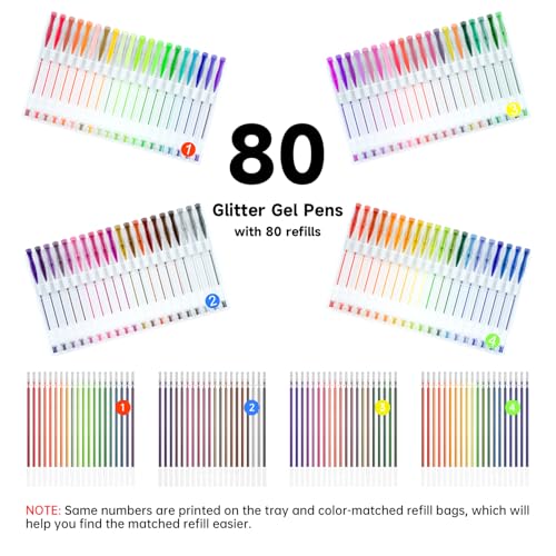 Shuttle Art 160 Pack Glitter Gel Pens, 80 Colors Glitter Gel Pens Set with 80 Refills for Adults Coloring Books Drawing Crafts Scrapbooking Journaling - Image 2