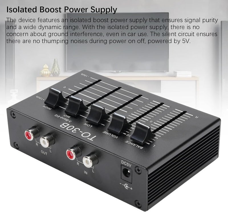3 Band 2 Channel Digital Sound Equalizer, 12Db High Mid Low Tone Adjustment Balanced Volume Control Adapter, Stereo Phono Preamp EQ Equalizer - Image 3