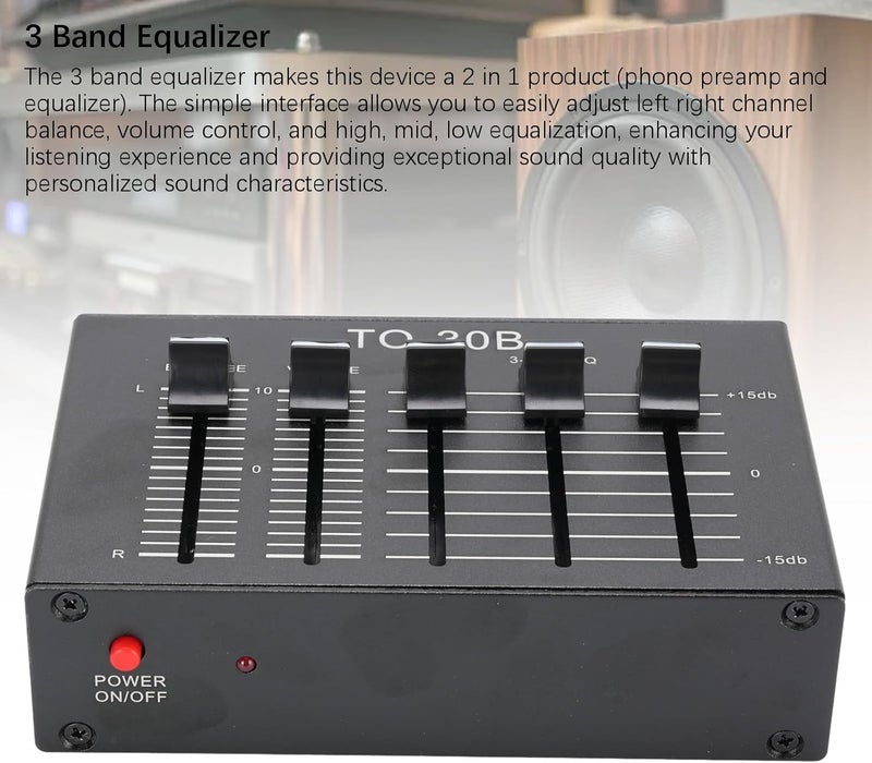 3 Band 2 Channel Digital Sound Equalizer, 12Db High Mid Low Tone Adjustment Balanced Volume Control Adapter, Stereo Phono Preamp EQ Equalizer - Image 5