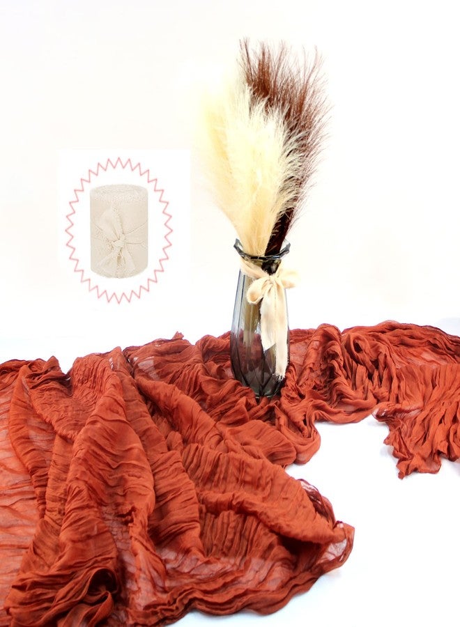 iSamzan 2pcs Boho Table Decor - 1pcs 10FT 120in Long Terracotta Cheesecloth Table Runner with 1pcs 5Yd Chiffon Ribbon, Terracotta Gauze Table Runner for Dinner, Birthday Party, Baby Shower, Wedding - Image 1