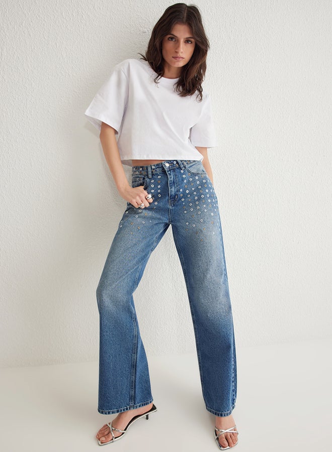 trendyol Blue Eyelet Detail High Waist Wide Leg Jeans - Image 3
