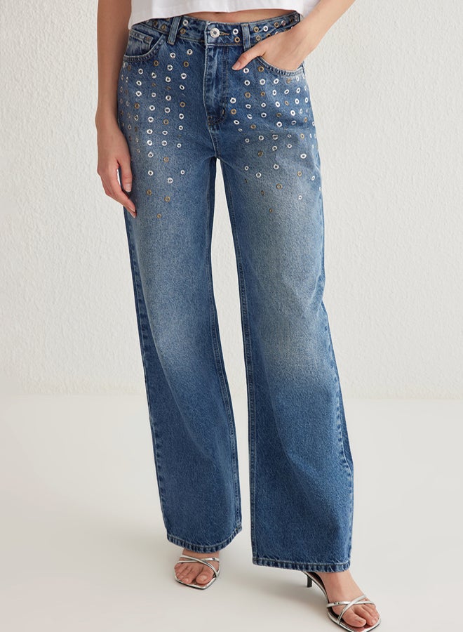trendyol Blue Eyelet Detail High Waist Wide Leg Jeans - Image 1