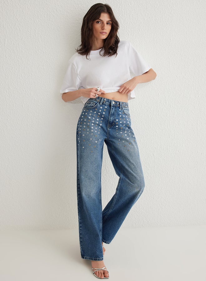 trendyol Blue Eyelet Detail High Waist Wide Leg Jeans - Image 2