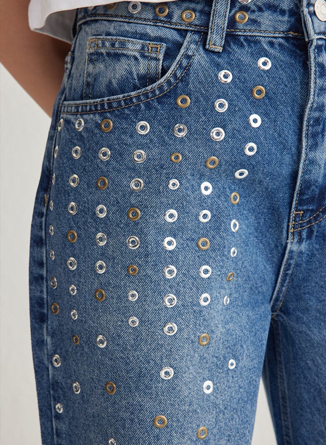 trendyol Blue Eyelet Detail High Waist Wide Leg Jeans - Image 4