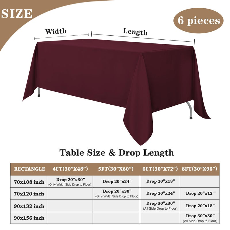 Fitable Elegant Rectangle Table Clothes, 6 Pack - 90 x 132 Inch, Burgundy - Reusable and Washable Tablecloths, Polyester Fabric Table Covers for Wedding, Party, Banquet, Formal Events - Image 5