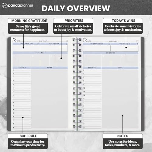 Panda Planner 2025-2026 Undated Daily Planner 5.75" x 8.25" – 90-Day Spiral Academic & Productivity Planner with Hourly Schedule, Habit Tracker, To-Do List & Monthly Calendar – ADHD-Friendly Panda Journal (Gray) - Image 2