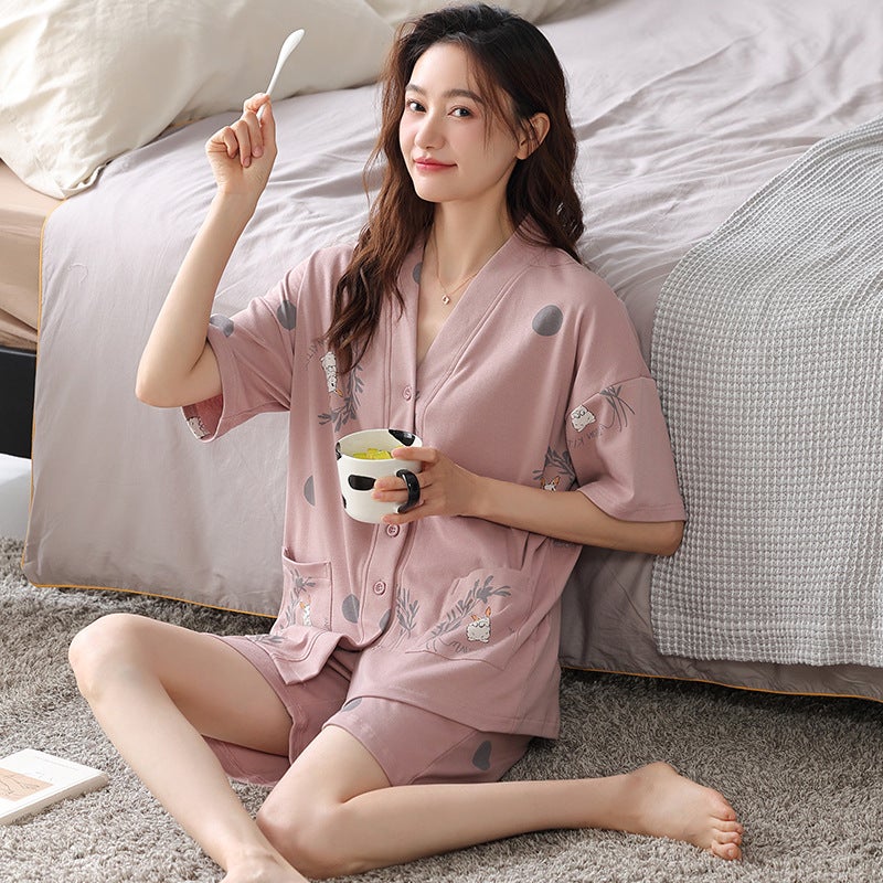 Pajamas Women'S Summer Cotton Short-Sleeved Cardigan Kimono New Korean Style Plus Size Loose Outwear Suit - Image 2