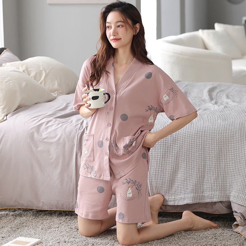 Pajamas Women'S Summer Cotton Short-Sleeved Cardigan Kimono New Korean Style Plus Size Loose Outwear Suit - Image 3