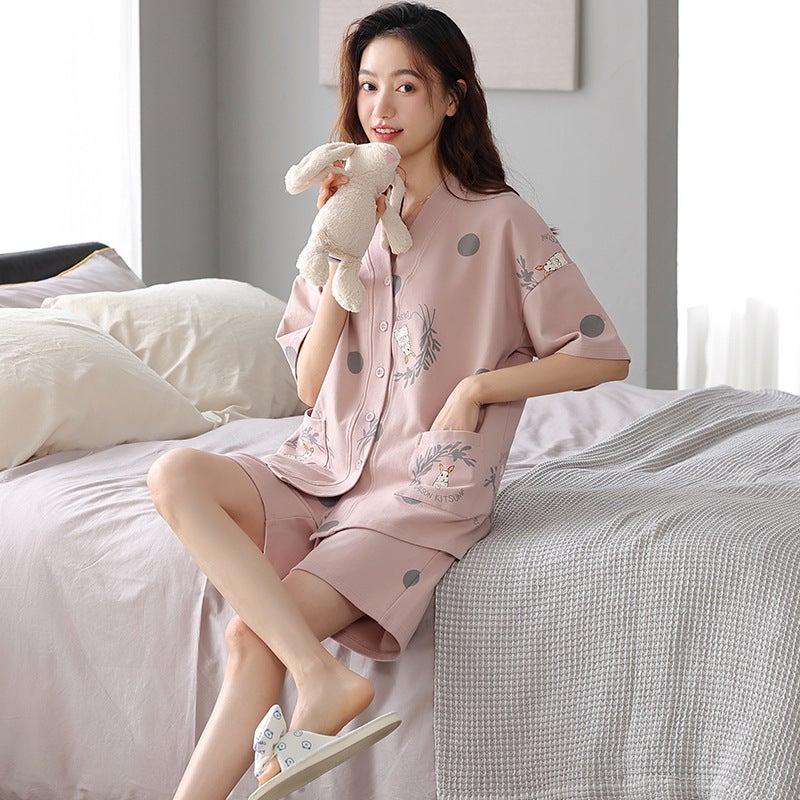 Pajamas Women'S Summer Cotton Short-Sleeved Cardigan Kimono New Korean Style Plus Size Loose Outwear Suit - Image 5