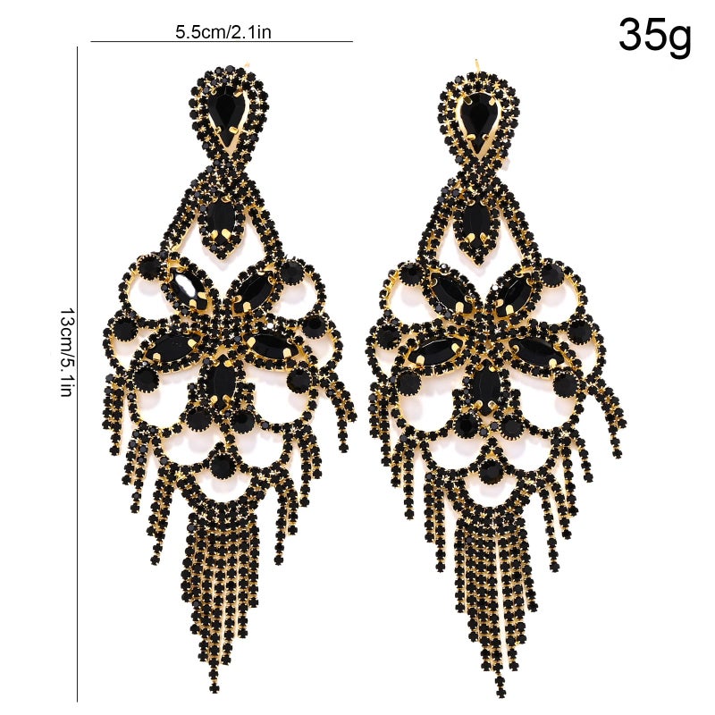 XSBODY Rhinestone Black Earrings For Women Tassel Crystal Statement Dangle Earrings For Women Prom Jewelry Accessories - Image 2