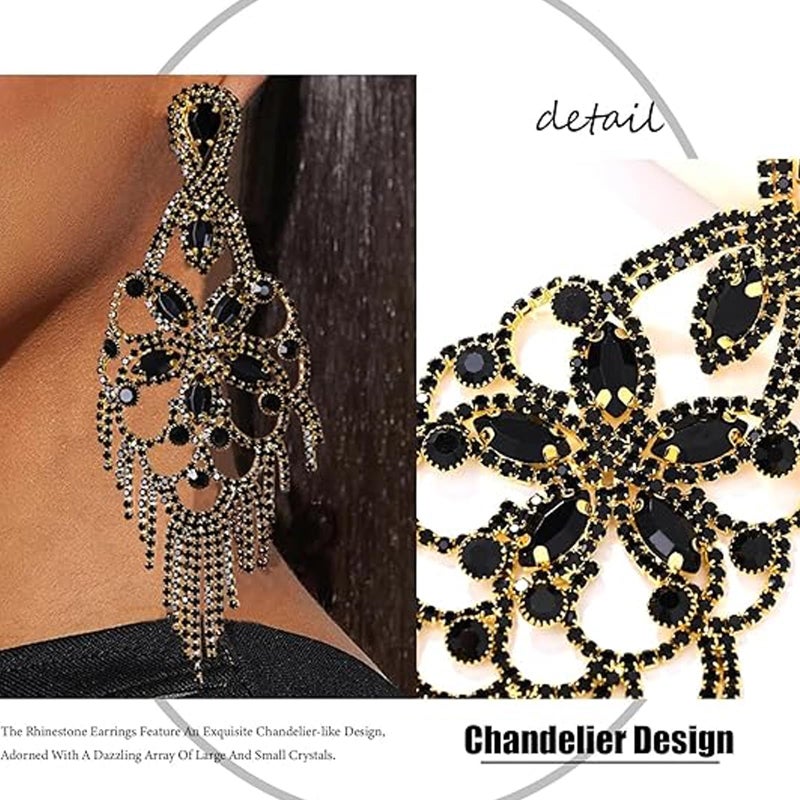XSBODY Rhinestone Black Earrings For Women Tassel Crystal Statement Dangle Earrings For Women Prom Jewelry Accessories - Image 4