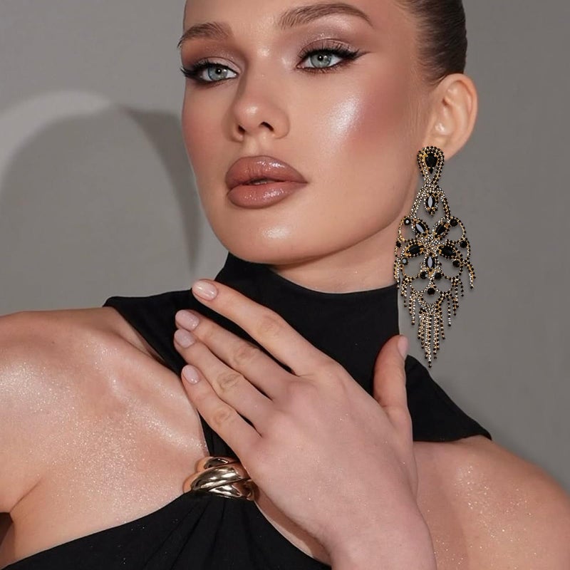 XSBODY Rhinestone Black Earrings For Women Tassel Crystal Statement Dangle Earrings For Women Prom Jewelry Accessories - Image 3