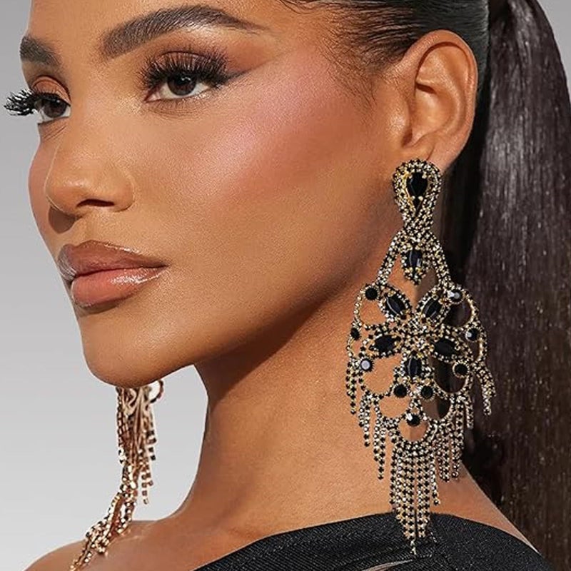 XSBODY Rhinestone Black Earrings For Women Tassel Crystal Statement Dangle Earrings For Women Prom Jewelry Accessories - Image 5