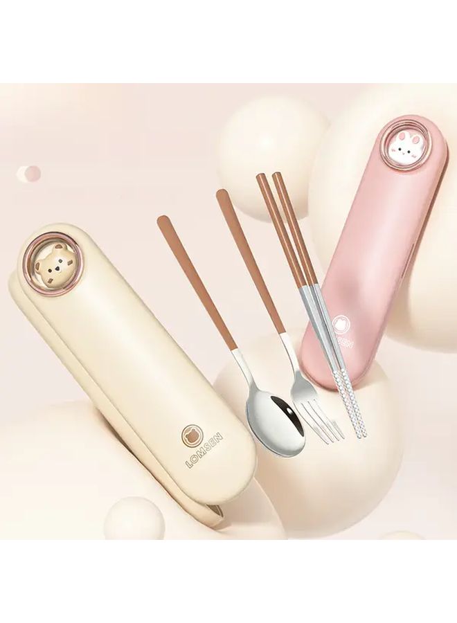 304 Stainless Steel Travel Cutlery Set 3 Pieces Cream Fork Spoon and Chopsticks with Storage Box Portable Durable Utensils - Image 1