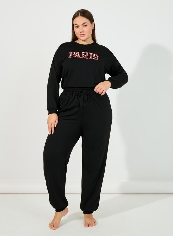 Styli Plus Size Leopard Paris Slogan Sweatshirt & Jogger Lounge Set  - Image 4