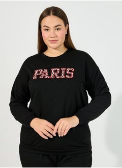 Styli Plus Size Leopard Paris Slogan Sweatshirt & Jogger Lounge Set  - Image 2