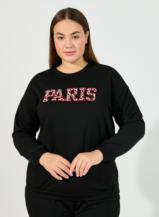 Styli Plus Size Leopard Paris Slogan Sweatshirt & Jogger Lounge Set  - Image 2