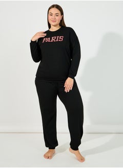 Styli Plus Size Leopard Paris Slogan Sweatshirt & Jogger Lounge Set  - Image 1