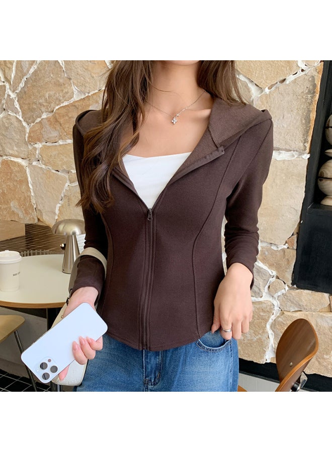 H120 Autumn And Winter Wool Silk Cardigan Hooded Sweatshirt Thickeneded Jacket Women's Slim Versatile Sports Long-sleeved Top
